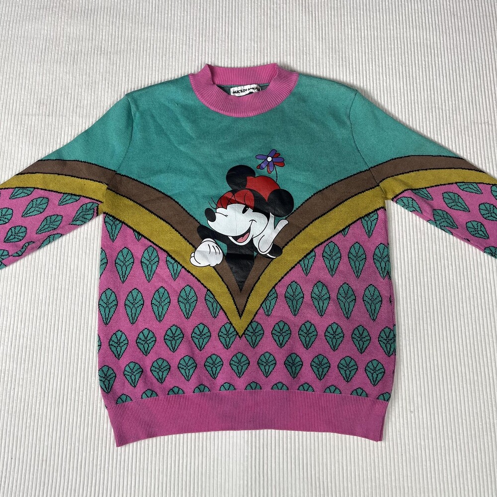 Mickey Mouse Sweater Womens M 90s Pink Graphic Knit Crew Neck Pullover Cartoon - Picture 2 of 9